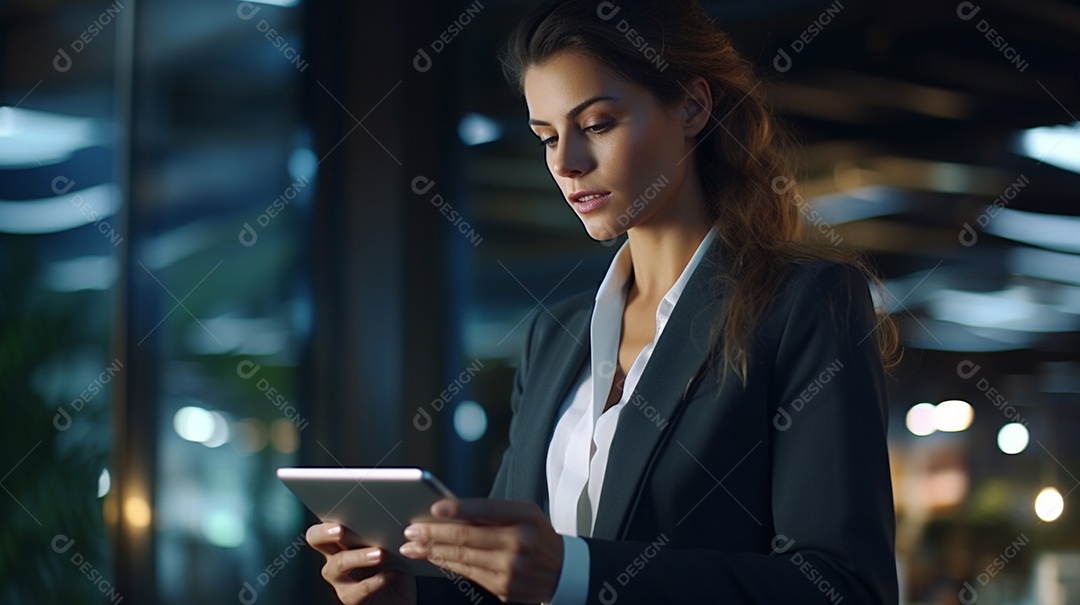 Empresária profissional revisando detalhes do projeto em um tablet digital