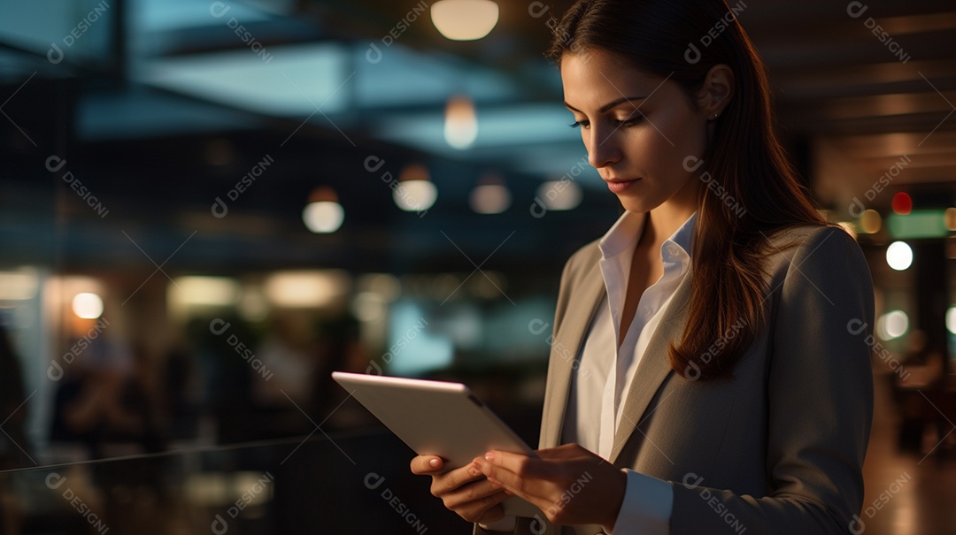 Empresária profissional revisando detalhes do projeto em um tablet digital