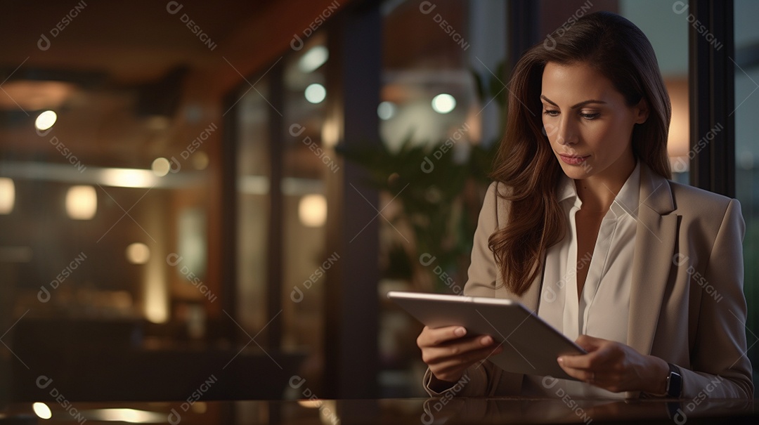 Empresária profissional revisando detalhes do projeto em um tablet digital