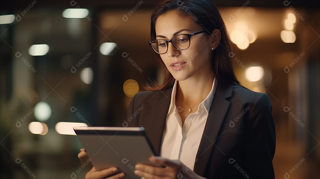 Empresária profissional revisando detalhes do projeto em um tablet digital