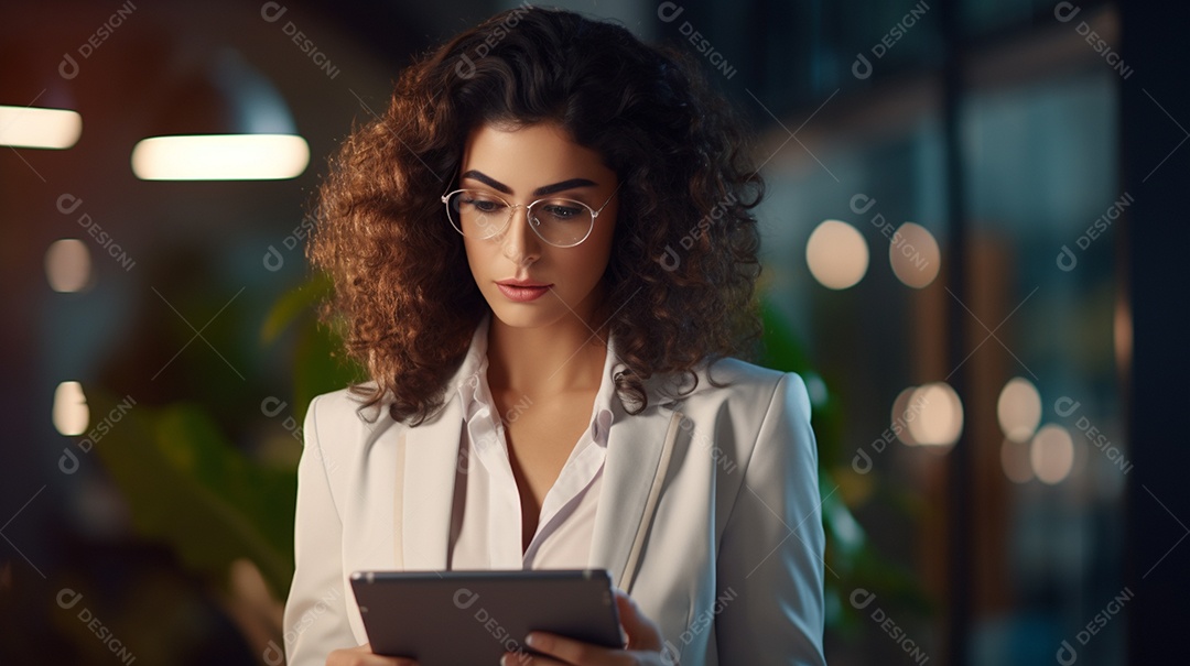 Uma empresária focada olhando gráficos financeiros em seu computador