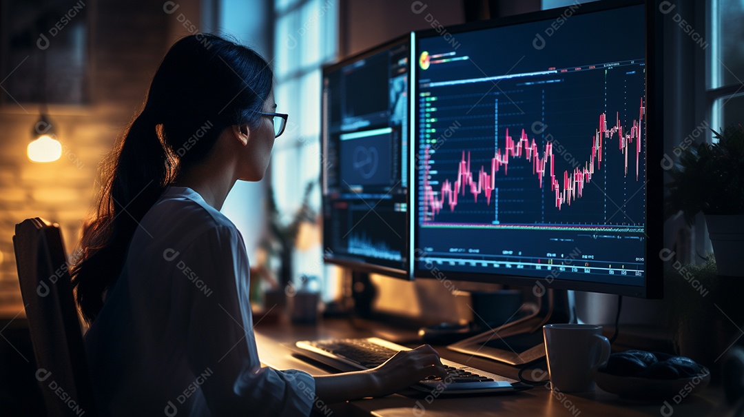 Uma empresária focada olhando gráficos financeiros em seu computador