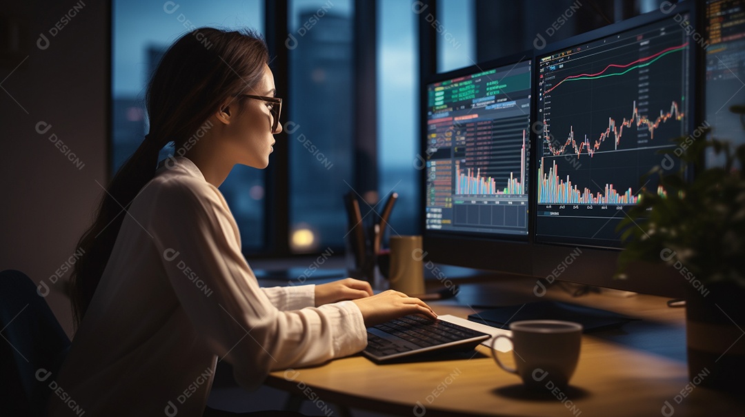 Uma empresária focada olhando gráficos financeiros em seu computador