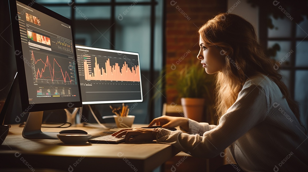 Uma empresária focada olhando gráficos financeiros em seu computador