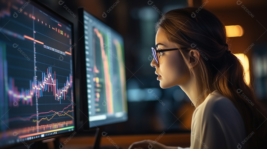 Uma empresária focada olhando gráficos financeiros em seu computador