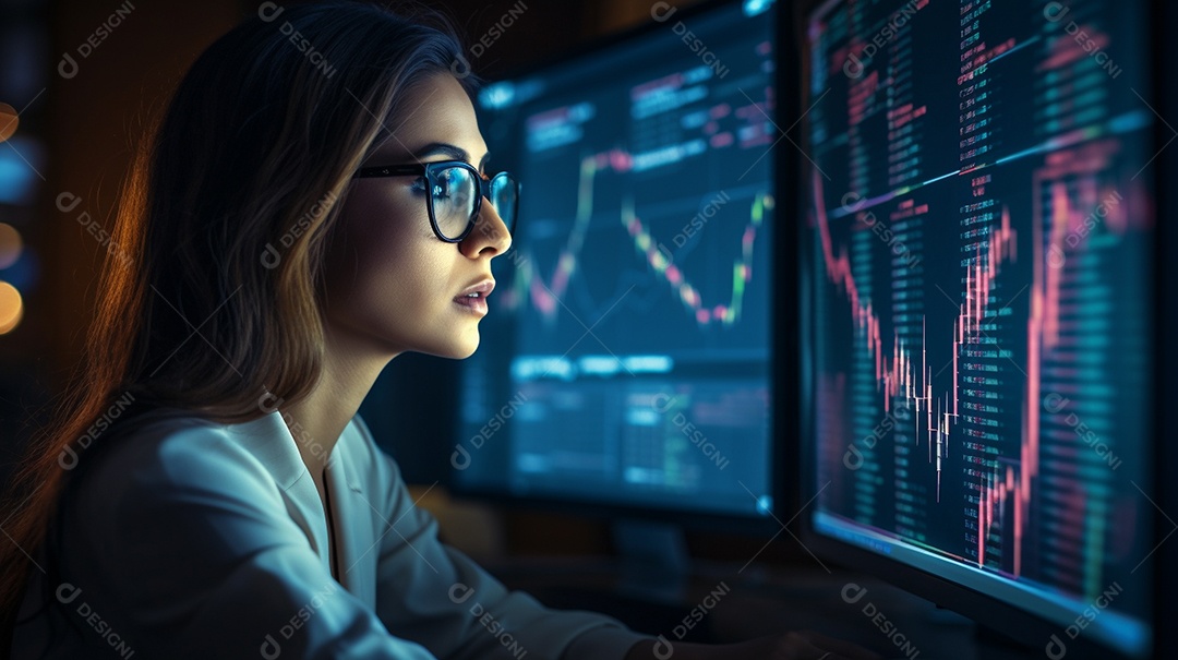 Uma empresária focada olhando gráficos financeiros em seu computador