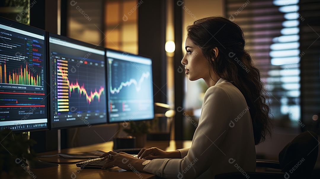 Uma empresária focada olhando gráficos financeiros em seu computador