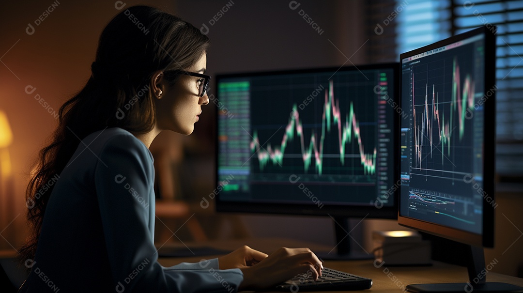 Uma empresária focada olhando gráficos financeiros em seu computador