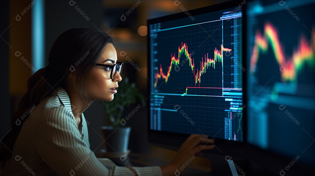 Uma empresária focada olhando gráficos financeiros em seu computador