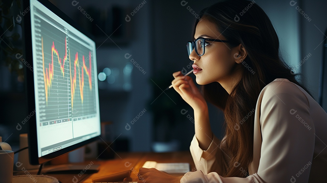 Uma empresária focada olhando gráficos financeiros em seu computador