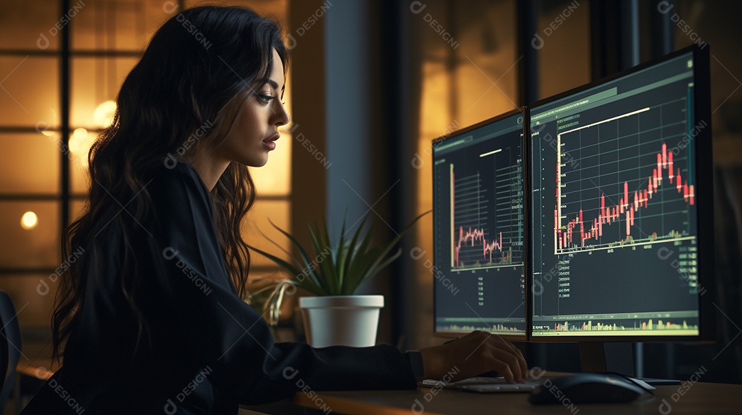 Uma empresária focada olhando gráficos financeiros em seu computador
