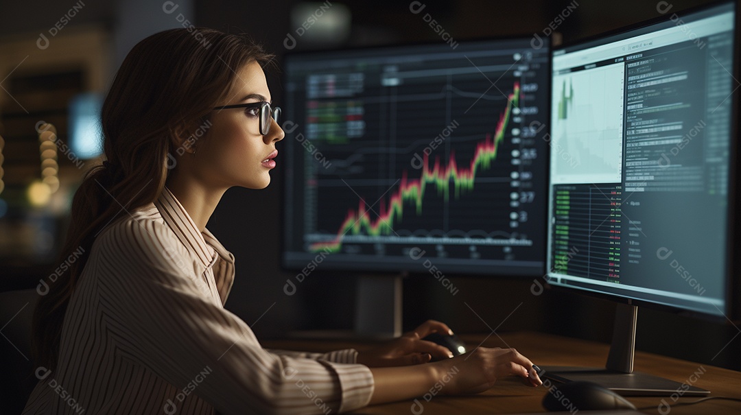 Uma empresária focada olhando gráficos financeiros em seu computador