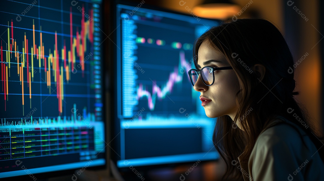 Uma empresária focada olhando gráficos financeiros em seu computador