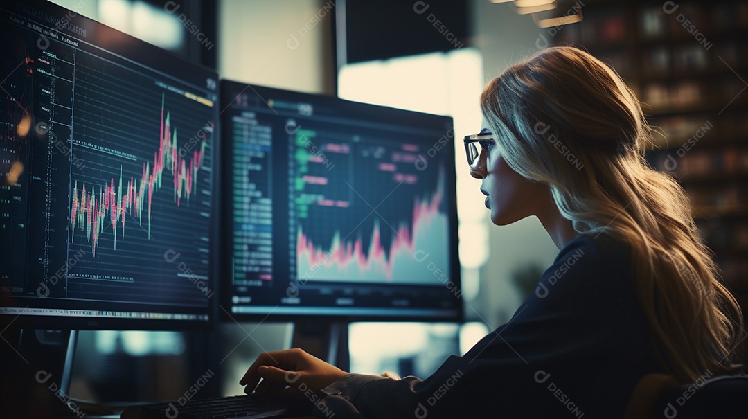 Uma empresária focada olhando gráficos financeiros em seu computador