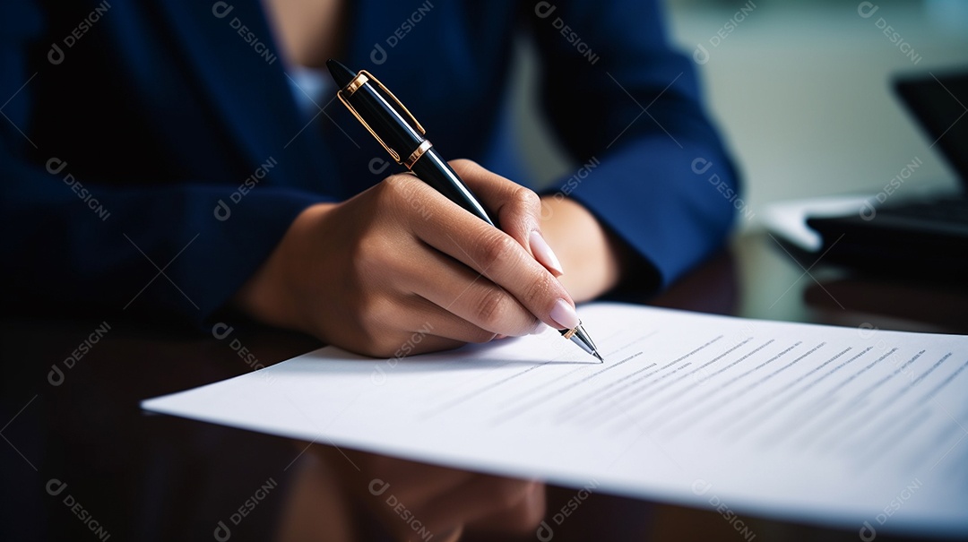 Mão de uma mulher de negócios assinando um documento importante