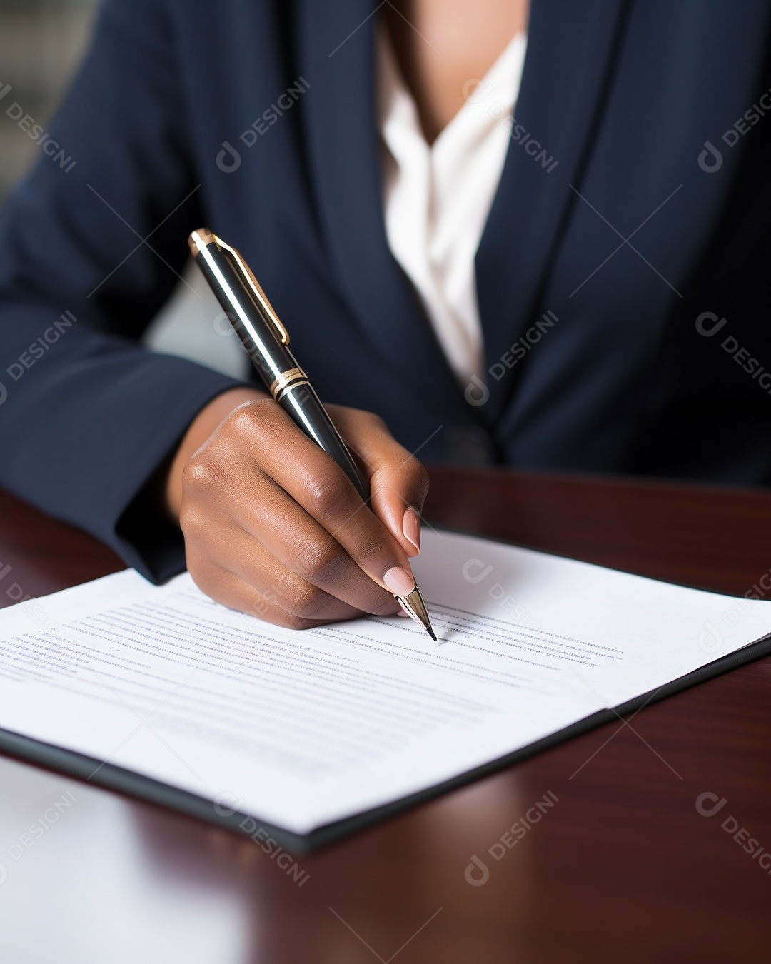 Mão de uma mulher de negócios assinando um documento importante