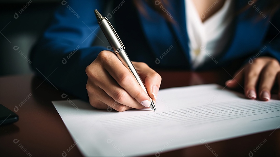 Mão de uma mulher de negócios assinando um documento importante
