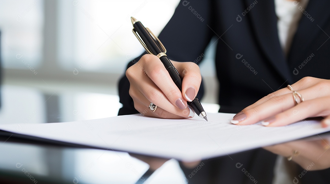 Mão de uma mulher de negócios assinando um documento importante