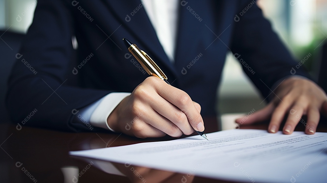 Mão de uma mulher de negócios assinando um documento importante
