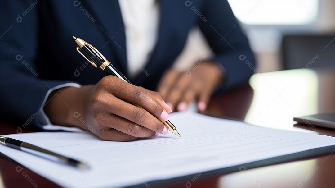 Mão de uma mulher de negócios assinando um documento importante