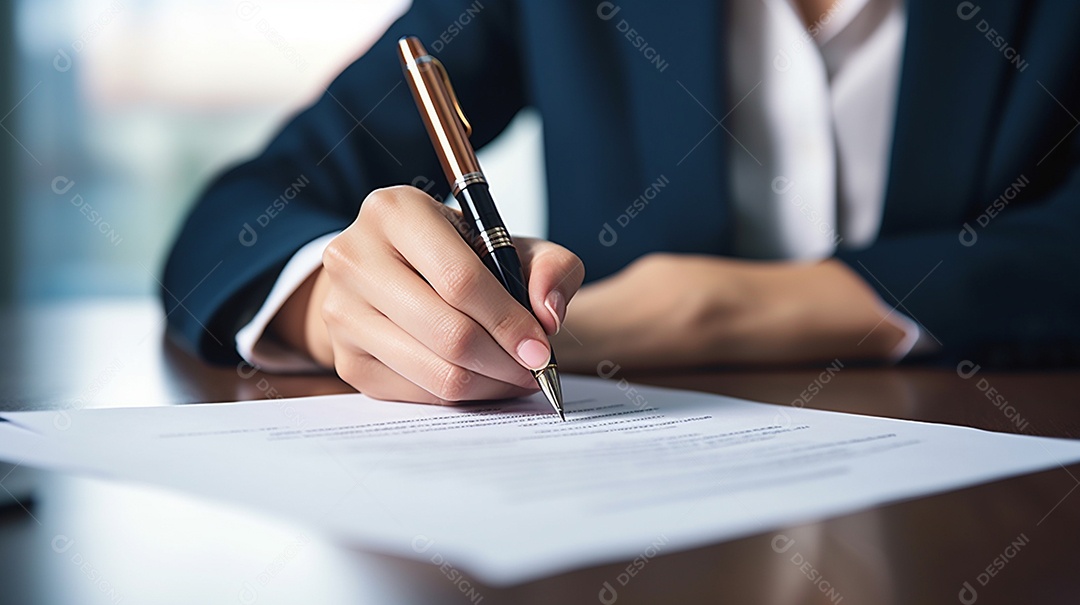 Mão de uma mulher de negócios assinando um documento importante
