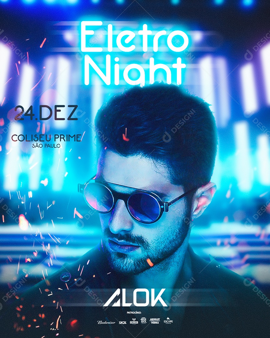 Social Media Flyer Feed Eletro Night Alok PSD Editável