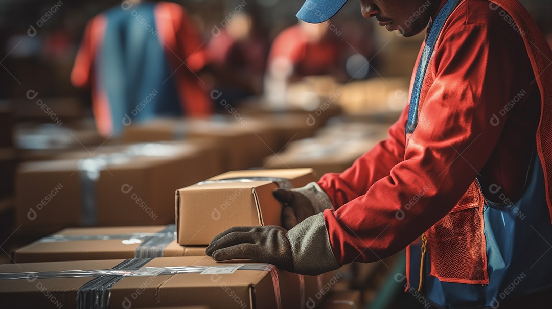 Trabalhadores de um armazém entregando habilmente mercadorias em caixas