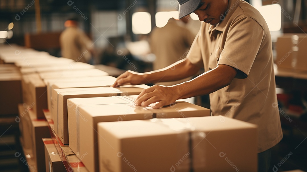 Trabalhadores de um armazém entregando habilmente mercadorias em caixas