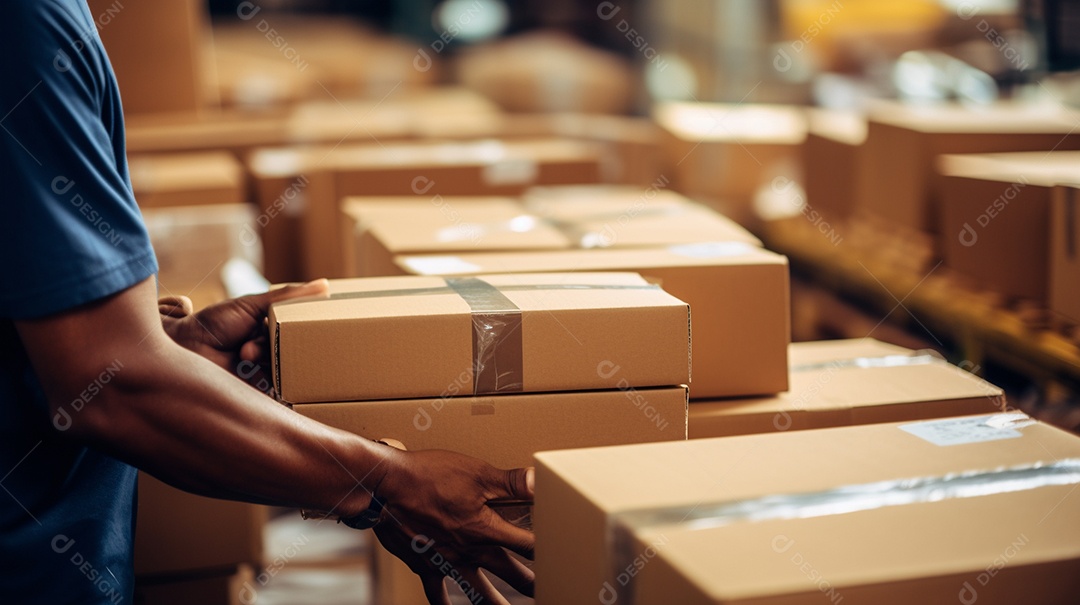 Trabalhadores de um armazém entregando habilmente mercadorias em caixas