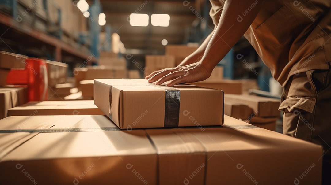 Trabalhadores de um armazém entregando habilmente mercadorias em caixas