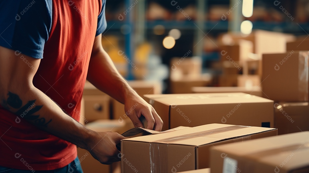 Trabalhadores de um armazém entregando habilmente mercadorias em caixas