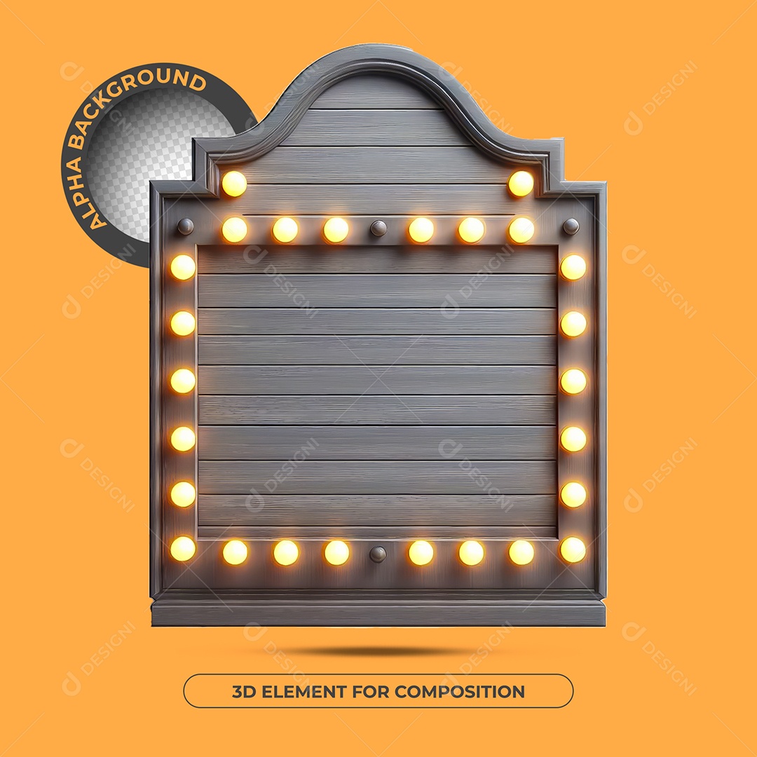 Elemento 3D Moldura De Madeira Cinza Com Luzes Para Composição PSD