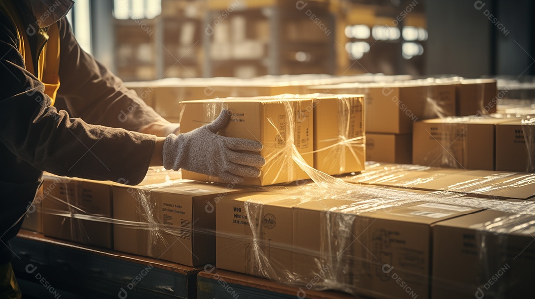 Trabalhadores de um armazém entregando habilmente mercadorias em caixas