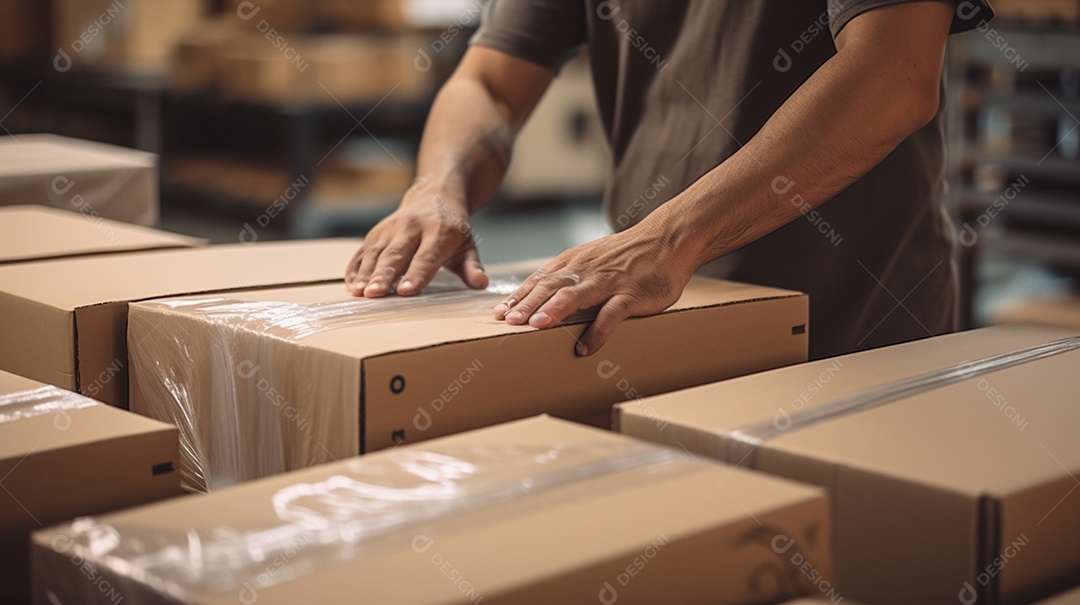 Trabalhadores de um armazém entregando habilmente mercadorias em caixas