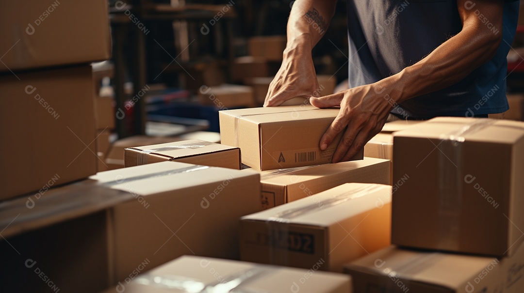 Trabalhadores de um armazém entregando habilmente mercadorias em caixas