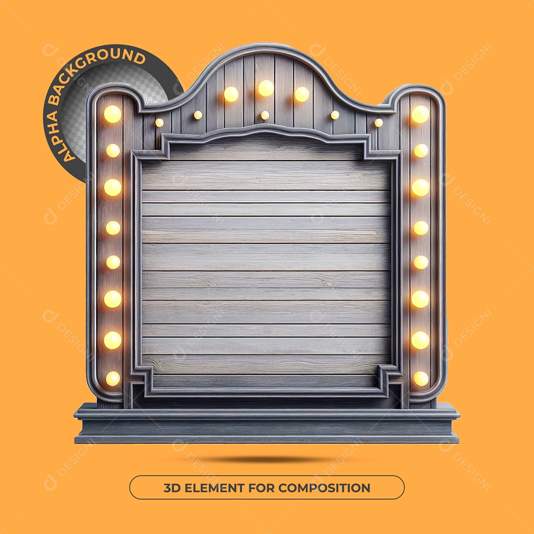 Elemento 3D Moldura De Madeira Cinza Com Luzes Para Composição PSD