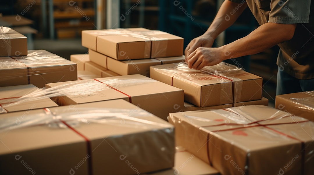 Trabalhadores de um armazém entregando habilmente mercadorias em caixas