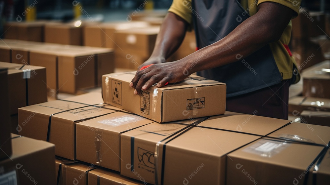 Trabalhadores de um armazém entregando habilmente mercadorias em caixas