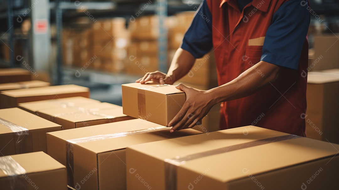 Trabalhadores de um armazém entregando habilmente mercadorias em caixas
