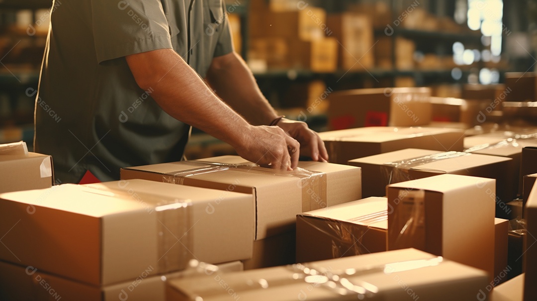 Trabalhadores de um armazém entregando habilmente mercadorias em caixas