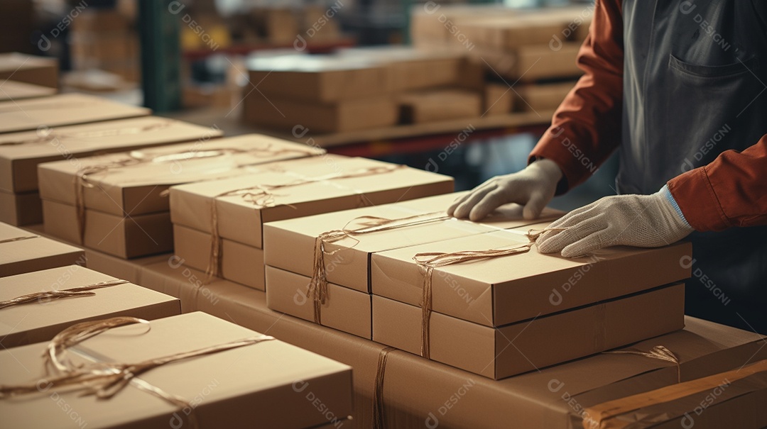 Trabalhadores de um armazém entregando habilmente mercadorias em caixas