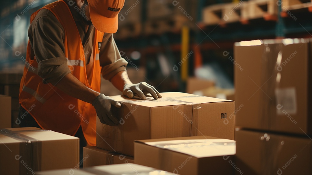 Trabalhadores de um armazém entregando habilmente mercadorias em caixas