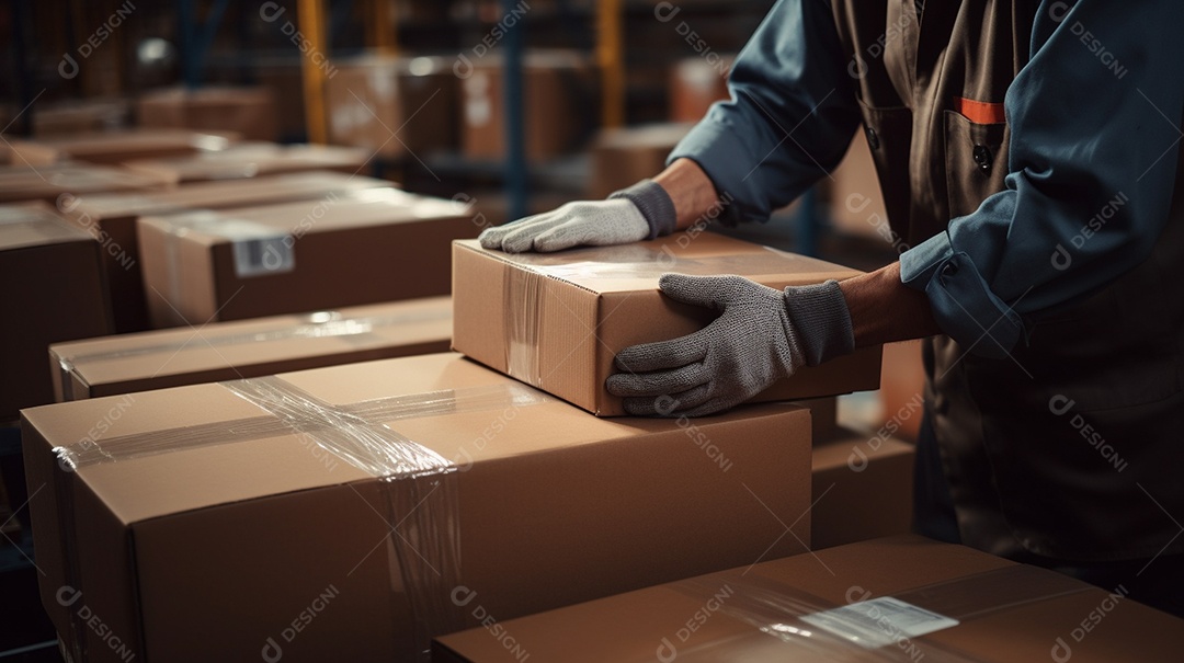 Trabalhadores de um armazém entregando habilmente mercadorias em caixas