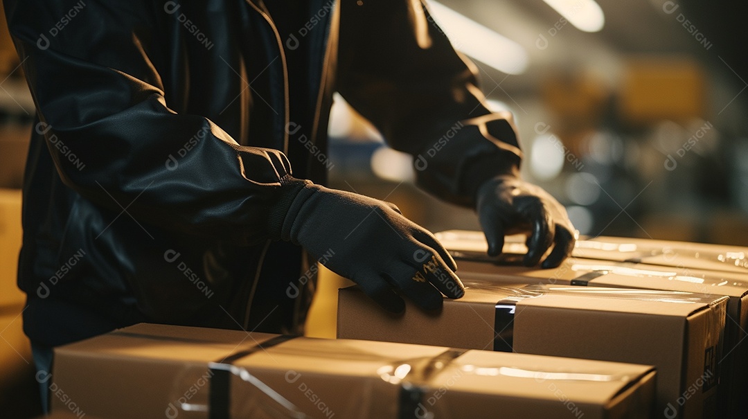 Trabalhadores de um armazém entregando habilmente mercadorias em caixas