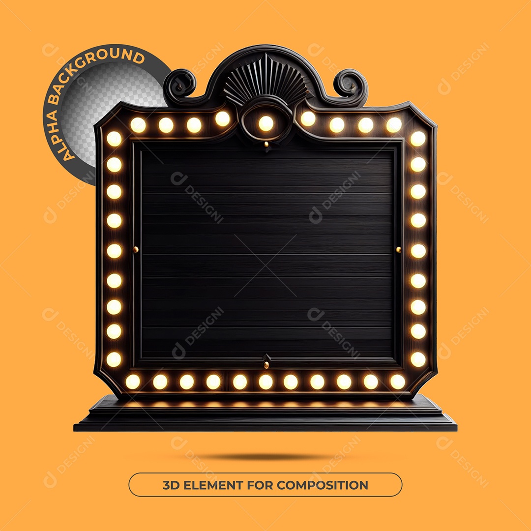 Elemento 3D Moldura De Madeira Preta Com Luzes Para Composição PSD