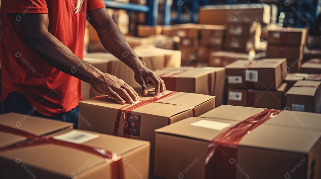 Trabalhadores de um armazém entregando habilmente mercadorias em caixas