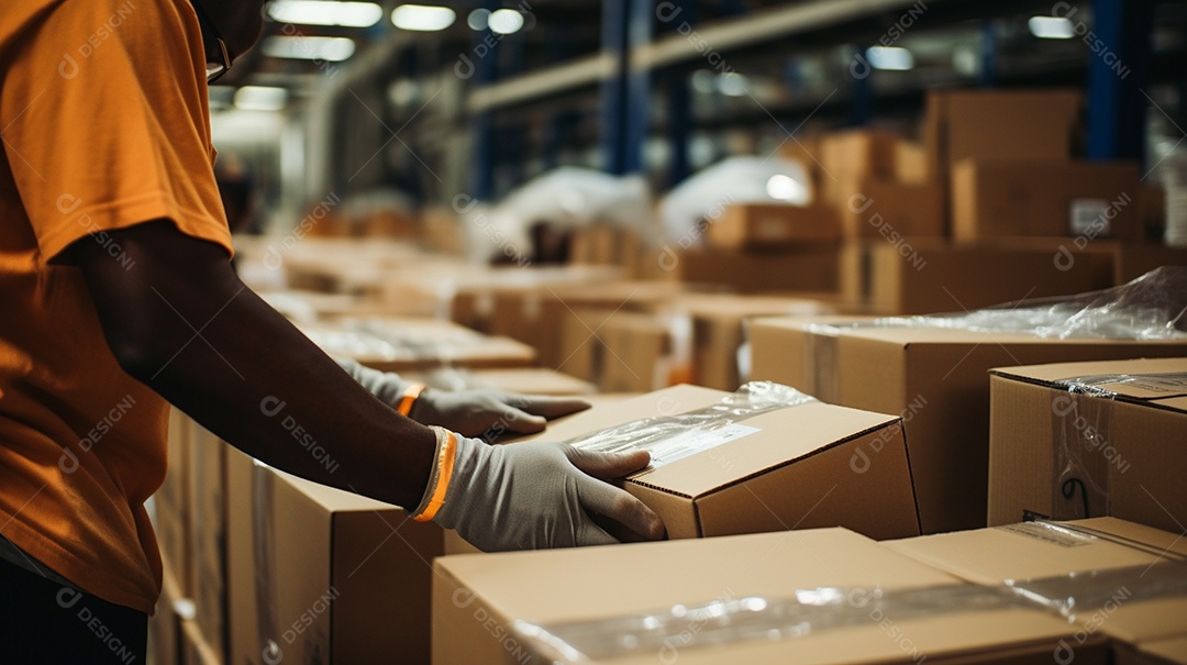 Trabalhadores de um armazém entregando habilmente mercadorias em caixas