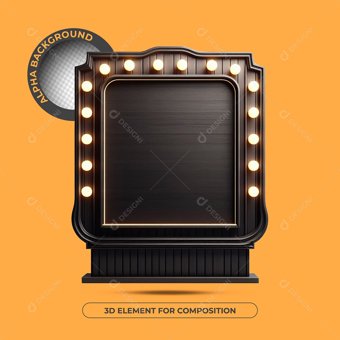 3D Black Wooden Frame Element With Lights For PSD Composition