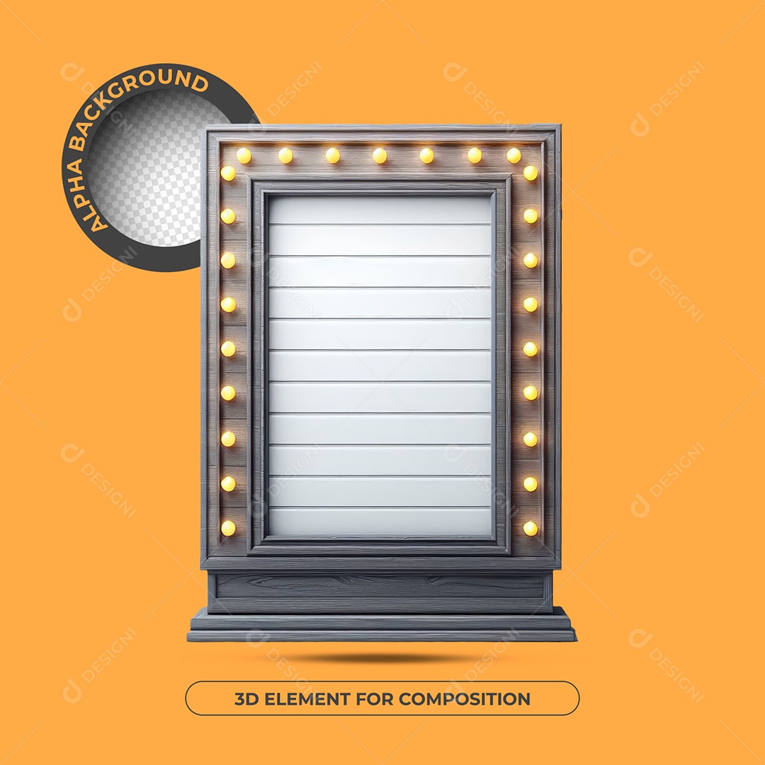 Elemento 3D Moldura De Madeira Cinza Com Luzes Amarela Para Composição PSD