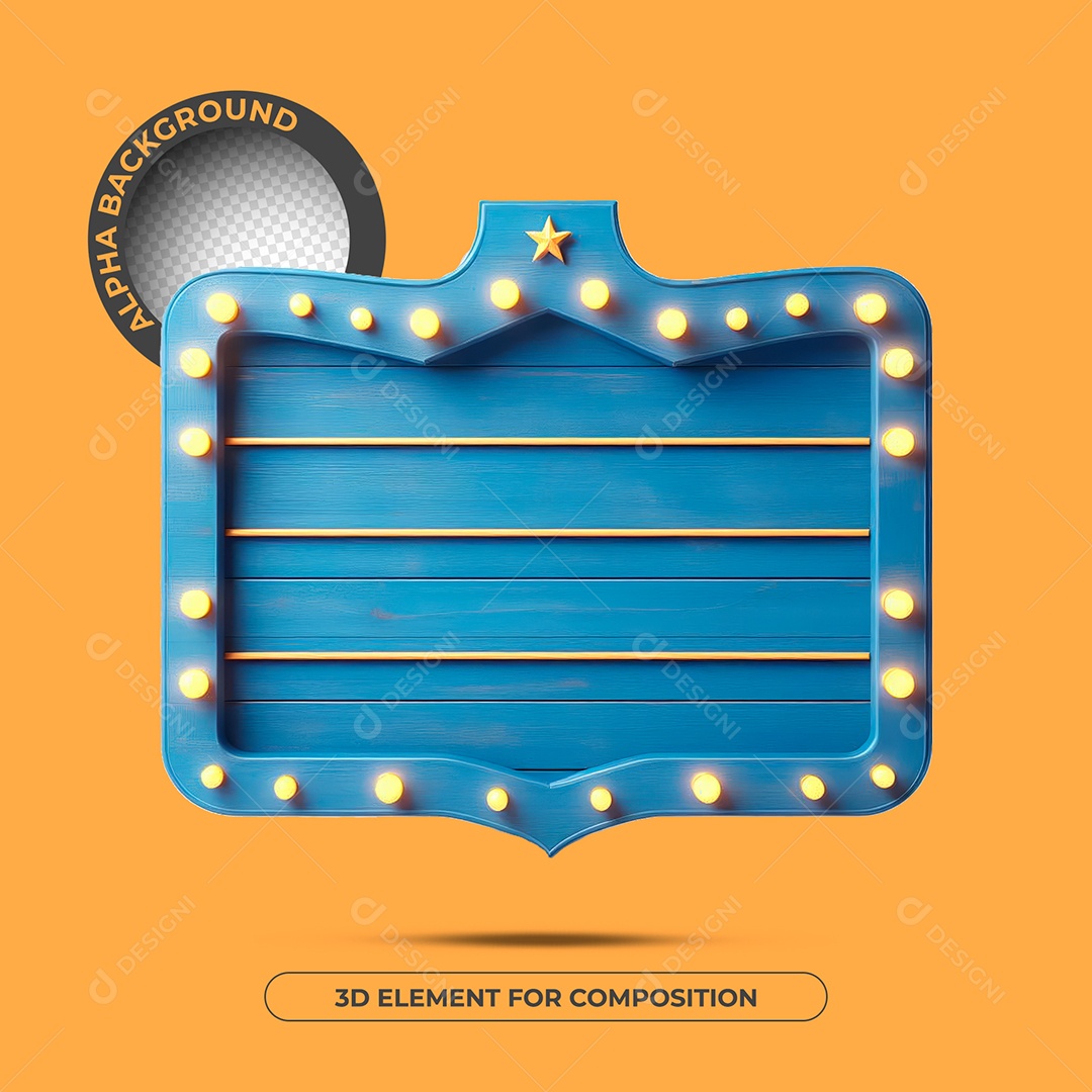 Elemento 3D Moldura De Madeira Azul Com Luzes Amarela Para Composição PSD